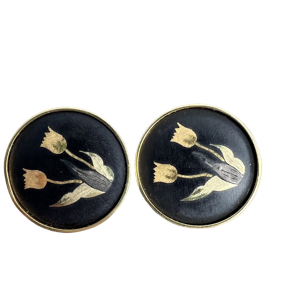Vintage Amita Signed Black and Gold Damascene Tulip Screw back earrings